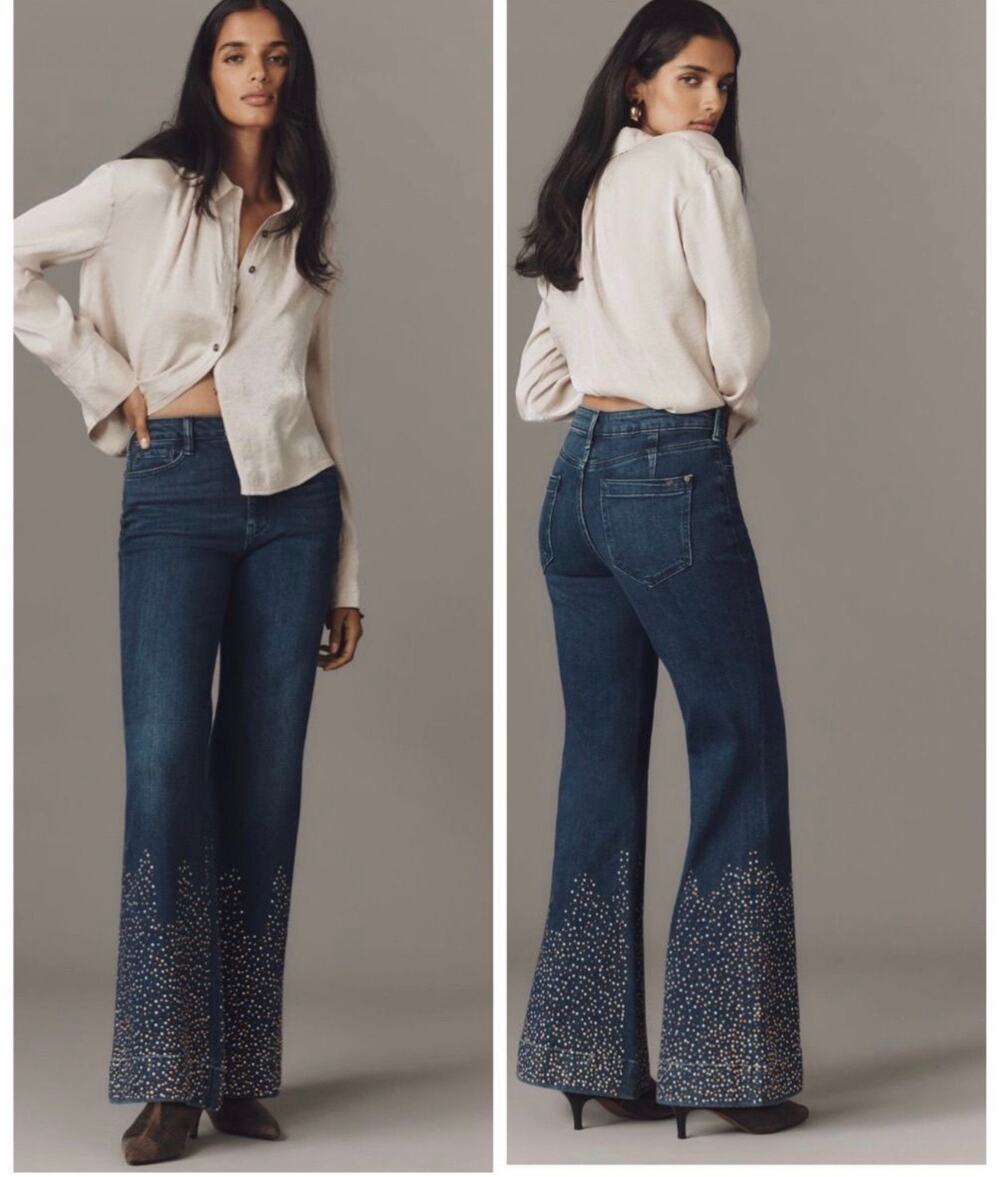 Pilcro High-Rise Flare Jeans Dark Wash Studded Hem Size 25 trendy $168 NWT